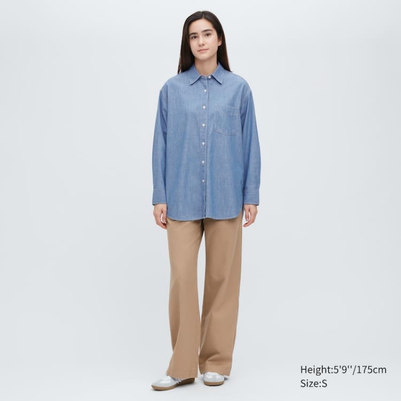 Dámské Košile Uniqlo Chambray Oversized Long Sleeved Blankyt | BPDMOTK-39