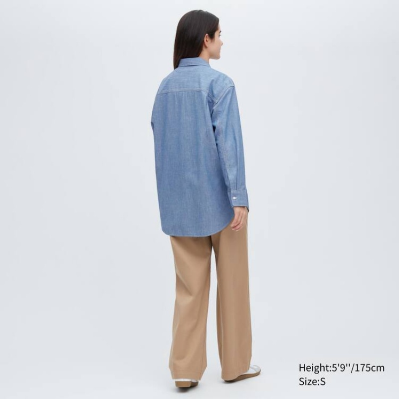 Dámské Košile Uniqlo Chambray Oversized Long Sleeved Blankyt | BPDMOTK-39