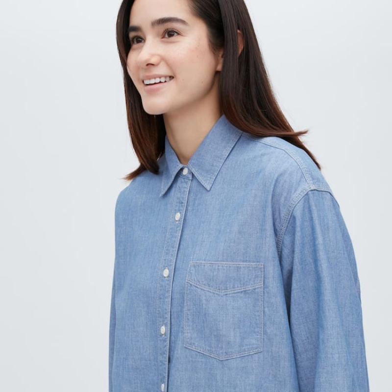 Dámské Košile Uniqlo Chambray Oversized Long Sleeved Blankyt | BPDMOTK-39