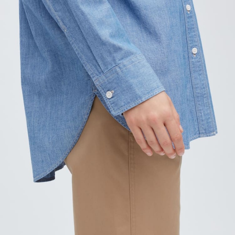 Dámské Košile Uniqlo Chambray Oversized Long Sleeved Blankyt | BPDMOTK-39