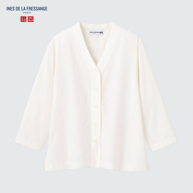 Dámské Košile Uniqlo Ines De La Fressange Bavlněné Twill V Neck 3/4 Sleeved Bílé | AJCHVTW-13