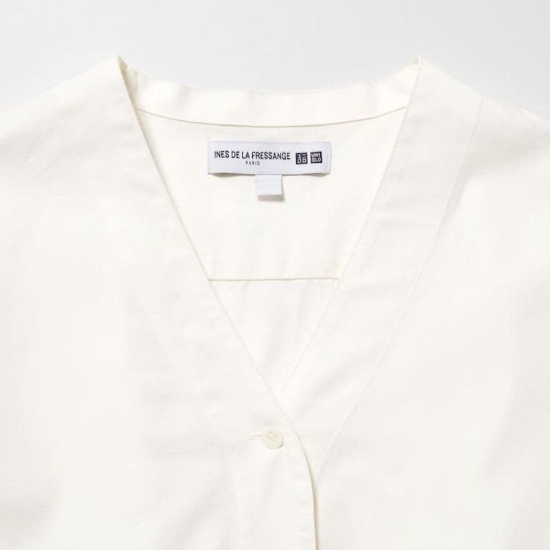 Dámské Košile Uniqlo Ines De La Fressange Bavlněné Twill V Neck 3/4 Sleeved Bílé | AJCHVTW-13