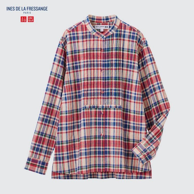 Dámské Košile Uniqlo Ines De La Fressange Linen Bavlněné Blend Pintucked Long Sleeved Blankyt Červené | UVXLQDM-58