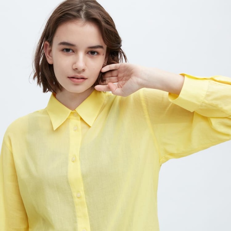 Dámské Košile Uniqlo Ines De La Fressange Sheer Bavlněné Relaxed Fit Long Sleeved Žluté | EKUFGYP-87