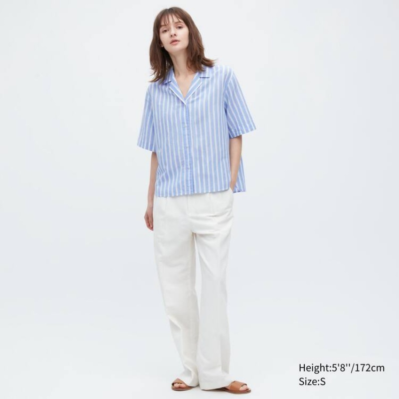 Dámské Košile Uniqlo Linen Blend Krátké Sleeve Světle Blankyt | TOXZYFM-04