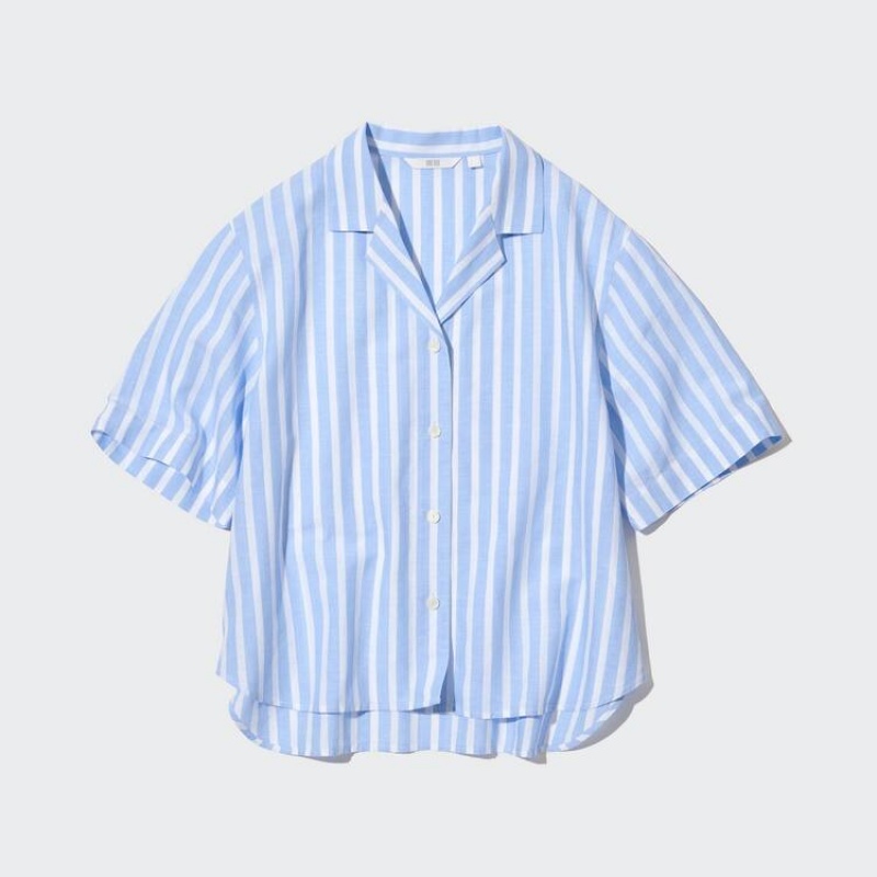 Dámské Košile Uniqlo Linen Blend Krátké Sleeve Světle Blankyt | TOXZYFM-04