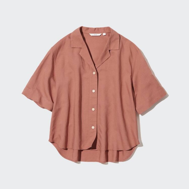 Dámské Košile Uniqlo Linen Blend Open Collar Krátké Sleeved Hnědé | GNYHWMX-04