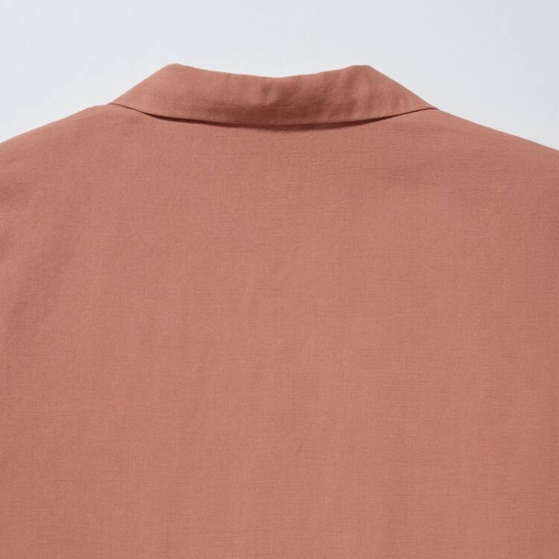 Dámské Košile Uniqlo Linen Blend Open Collar Krátké Sleeved Hnědé | GNYHWMX-04