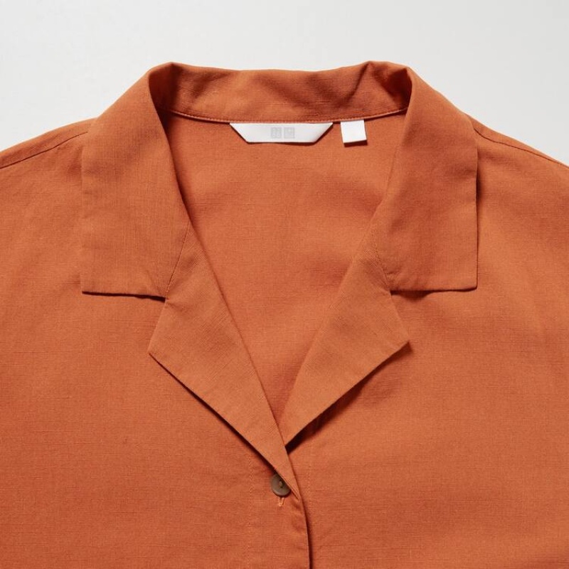 Dámské Košile Uniqlo Linen Blend Open Collar Krátké Sleeved Oranžové | KQZVRLO-74