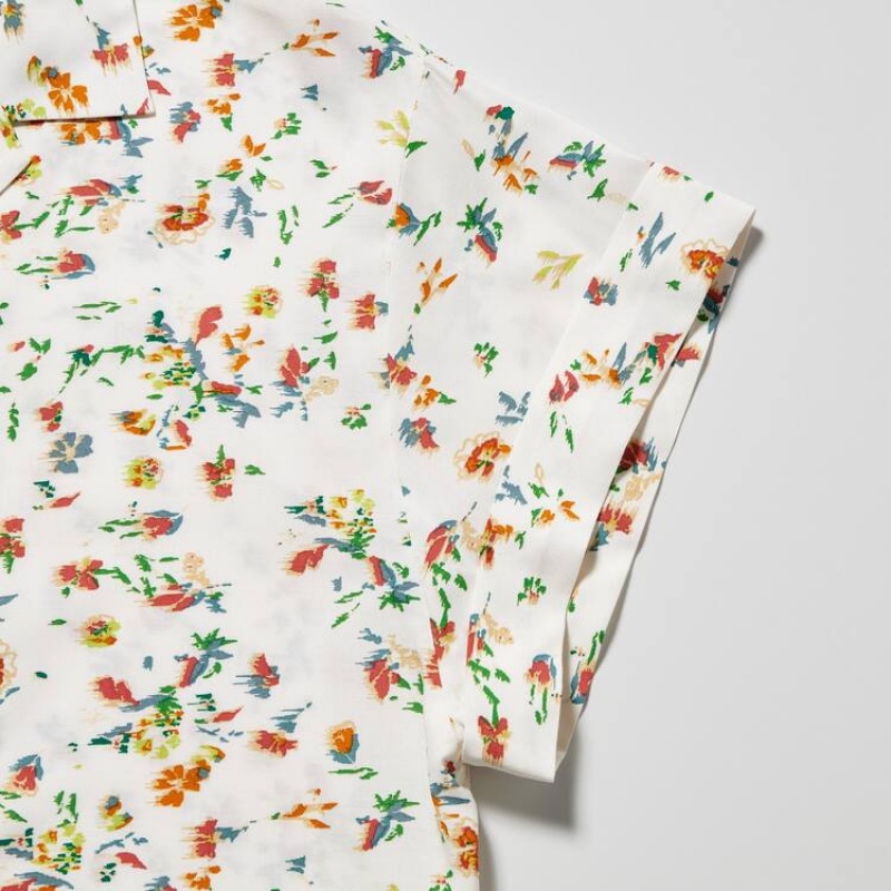 Dámské Košile Uniqlo Printed Krátké Sleeved Bílé | YOCZRHW-09