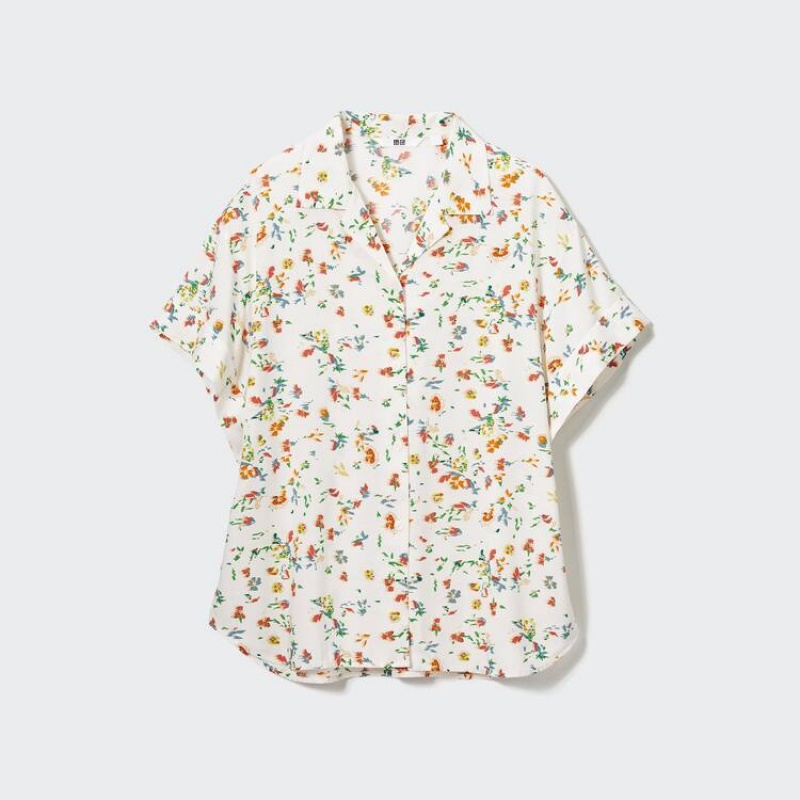 Dámské Košile Uniqlo Printed Krátké Sleeved Bílé | YOCZRHW-09