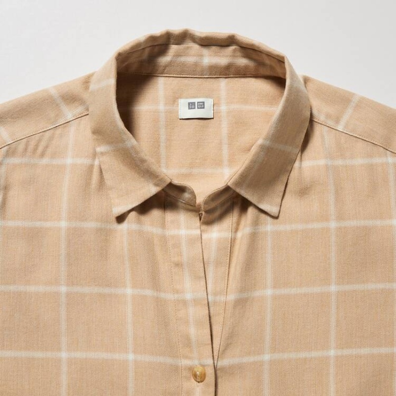 Dámské Košile Uniqlo Soft Brushed Checked Long Sleeved Béžový | ZVUHXKI-43