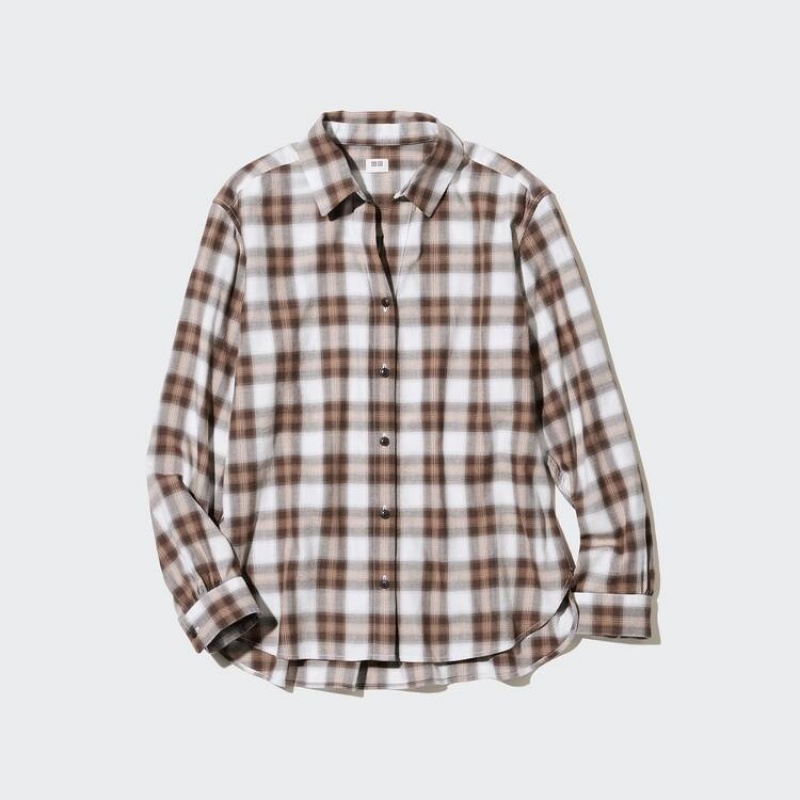 Dámské Košile Uniqlo Soft Brushed Checked Long Sleeved Hnědé | ZCTJKUO-79