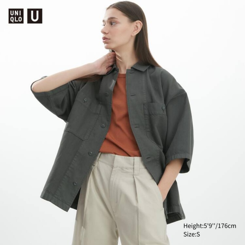 Dámské Košile Uniqlo U Oversized Krátké Sleeved Pracovní Tmavě Šedé | SROPKXW-84