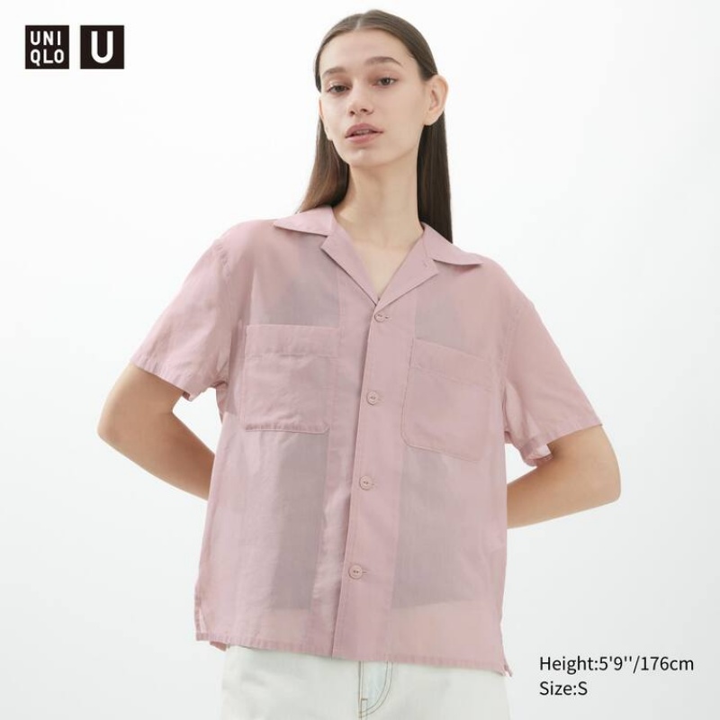 Dámské Košile Uniqlo U Sheer Krátké Sleeved Růžové | ZMCEFWY-87