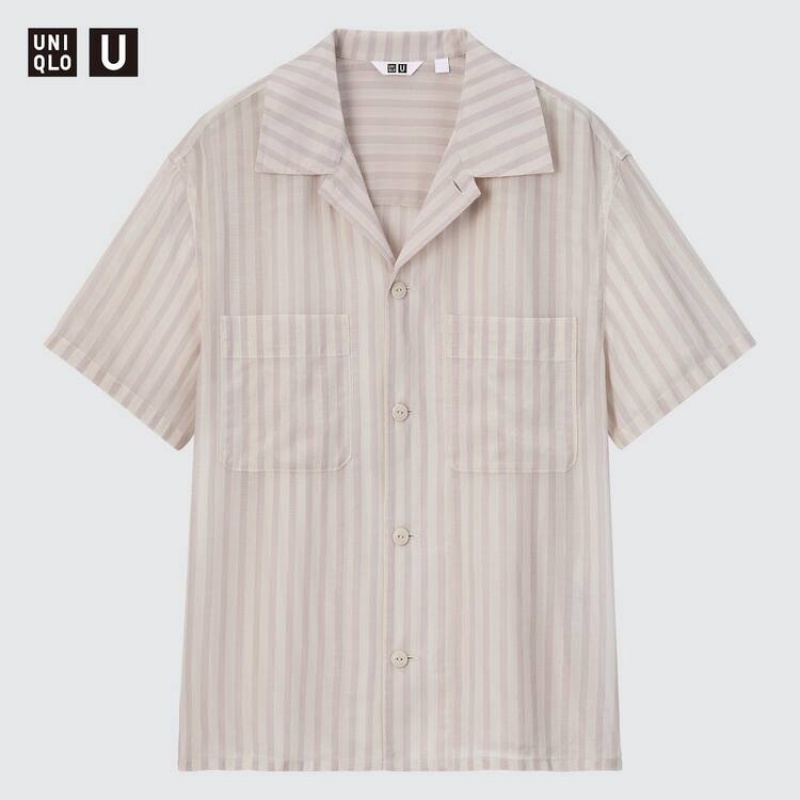 Dámské Košile Uniqlo U Sheer Pruhovaný Krátké Sleeved Růžové | LCEJYMQ-27