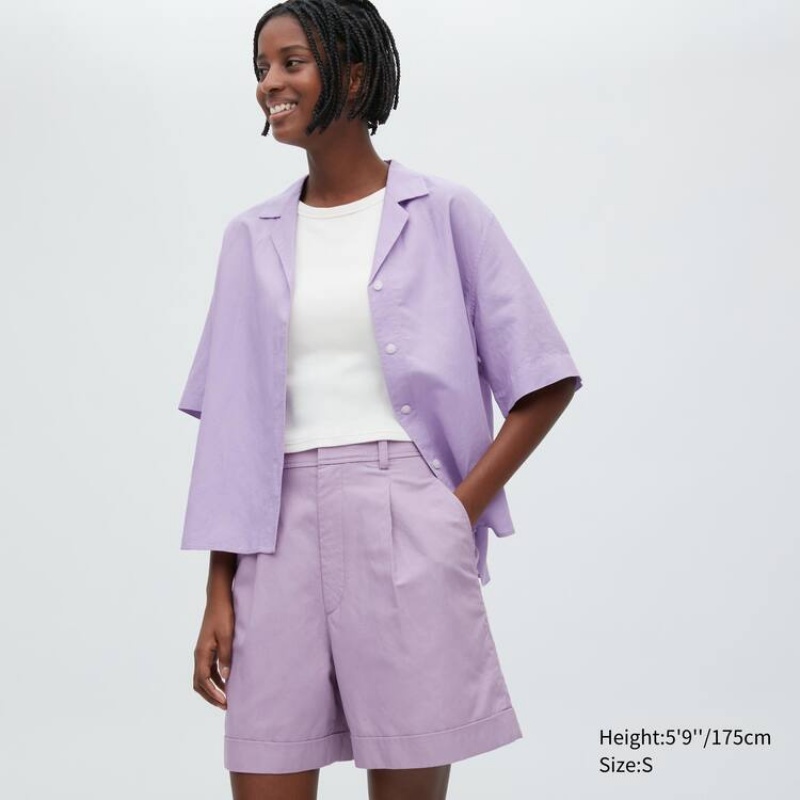 Dámské Kraťasy Uniqlo Linen Blend High Waisted Fialové | GHCJSOW-46