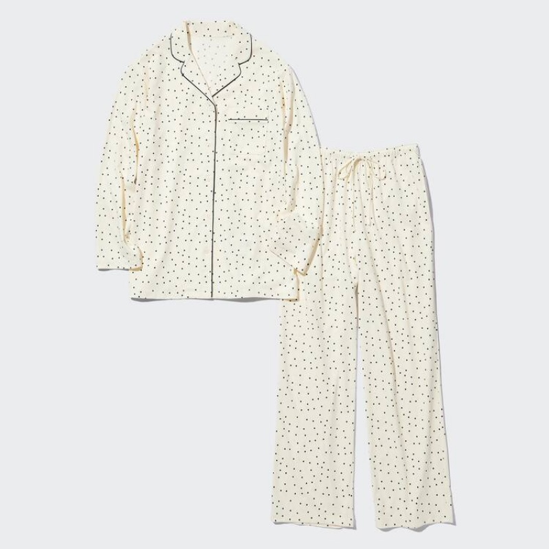 Dámské Loungewear Uniqlo Airism Bavlněné Dotted Long Sleeved Bílé | GMNSCZT-89