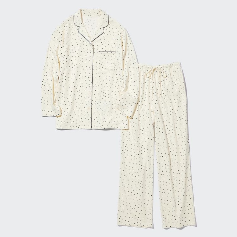 Dámské Loungewear Uniqlo Airism Bavlněné Dotted Long Sleeved Bílé | GMNSCZT-89