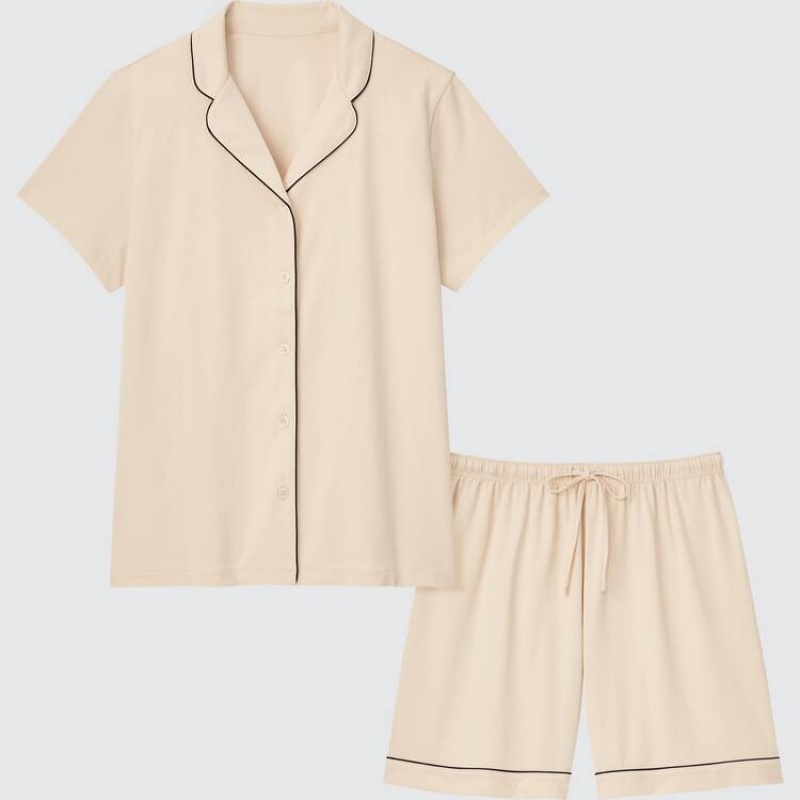 Dámské Loungewear Uniqlo Airism Bavlněné Krátké Sleeved Béžový | SGQFZUL-08