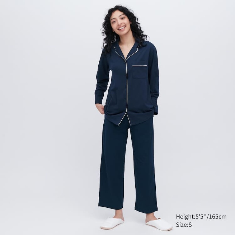 Dámské Loungewear Uniqlo Airism Bavlněné Long Sleeved Tmavě Blankyt | XBGVIZT-62