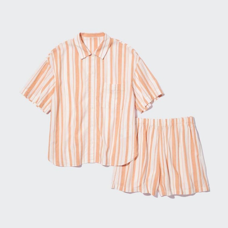 Dámské Loungewear Uniqlo Linen Blend Krátké Sleeved Set Oranžové | HVLTRWM-39