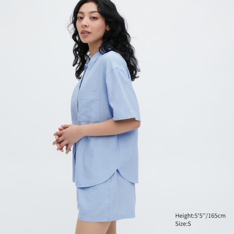 Dámské Loungewear Uniqlo Linen Blend Krátké Sleeved Set Blankyt | LBGUSWH-27