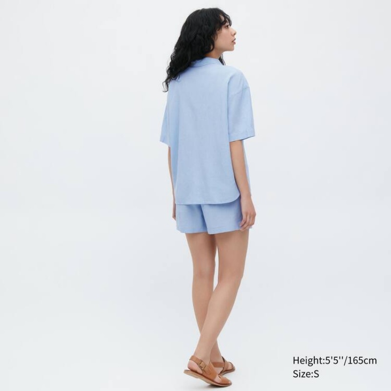 Dámské Loungewear Uniqlo Linen Blend Krátké Sleeved Set Blankyt | LBGUSWH-27