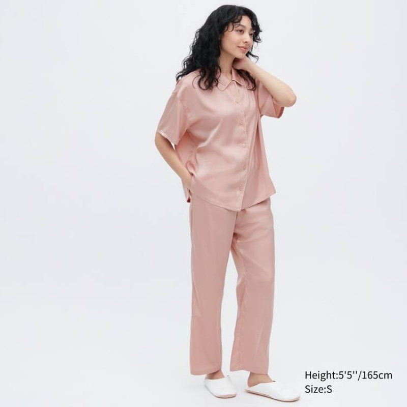 Dámské Loungewear Uniqlo Satin Pajamas (Krátké Sleeve) Růžové | KIOVSPL-82