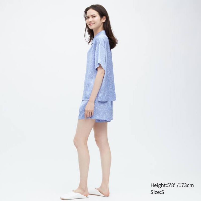 Dámské Loungewear Uniqlo Satin Printed Pajamas (Krátké Sleeve) Blankyt | RNEJSHX-21