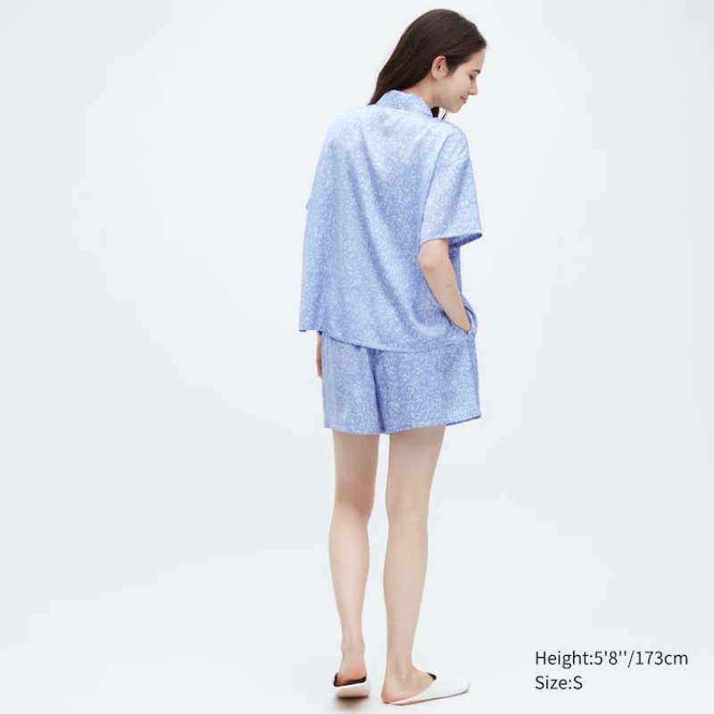 Dámské Loungewear Uniqlo Satin Printed Pajamas (Krátké Sleeve) Blankyt | RNEJSHX-21