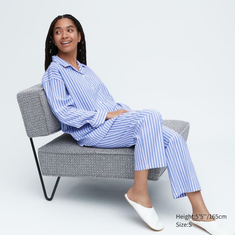 Dámské Loungewear Uniqlo Soft Stretch Pruhovaný Long Sleeved Blankyt | MYTXJZO-31