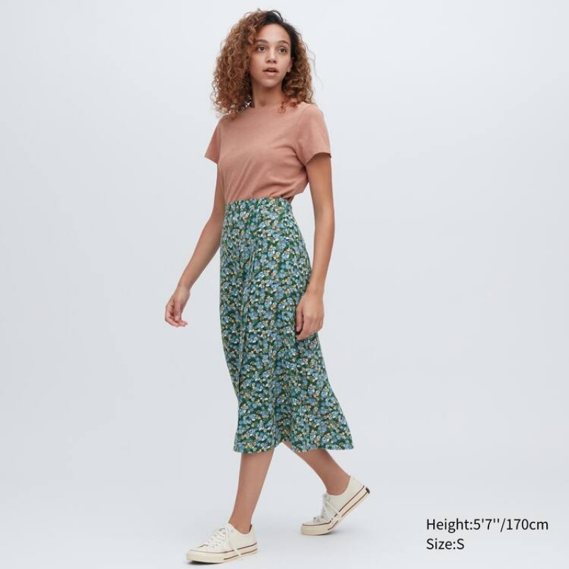 Dámské Sukně Uniqlo Split Hem Printed Midi Zelene | VLWJHBU-19