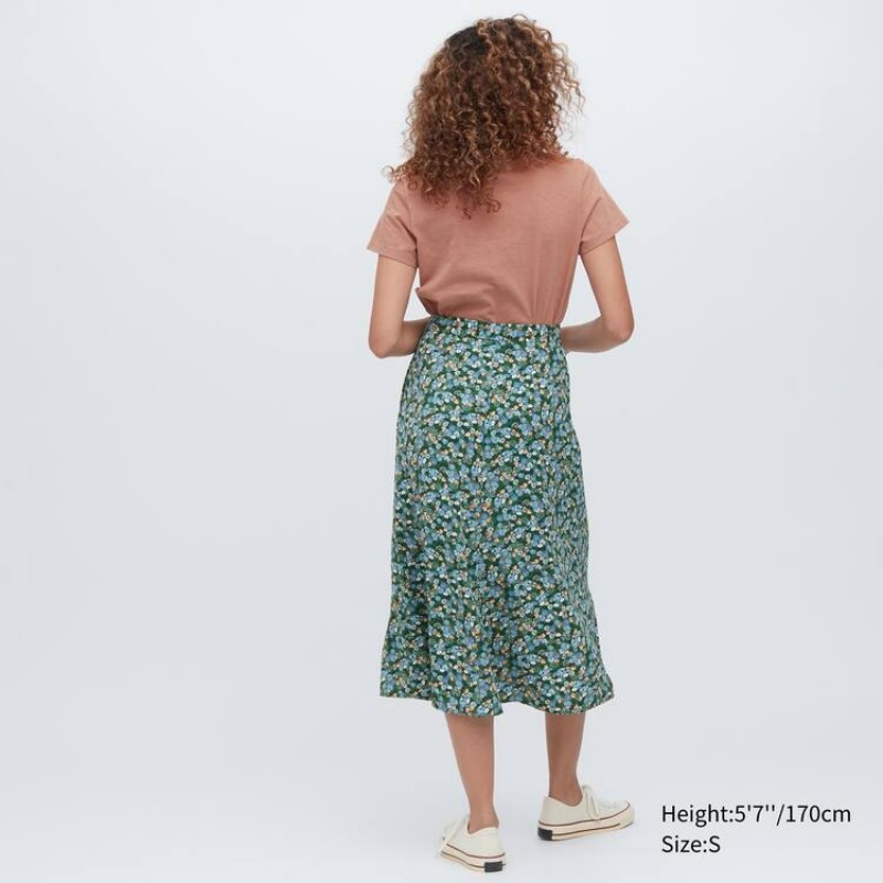 Dámské Sukně Uniqlo Split Hem Printed Midi Zelene | VLWJHBU-19