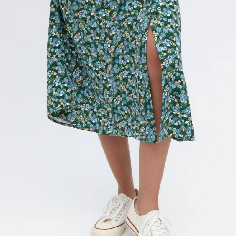 Dámské Sukně Uniqlo Split Hem Printed Midi Zelene | VLWJHBU-19