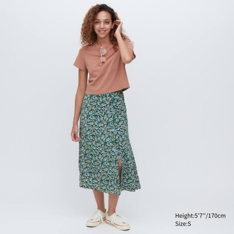 Dámské Sukně Uniqlo Split Hem Printed Midi Zelene | VLWJHBU-19