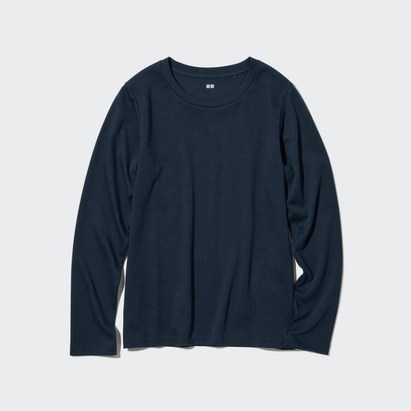 Dámské Topy Uniqlo Smooth Stretch Bavlněné Crew Neck Long Sleeved Blankyt | YBVMKNX-49