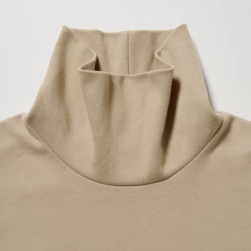 Dámské Topy Uniqlo Smooth Stretch Bavlněné Turtleneck Long Sleeved Béžový | ZMGIQBA-97