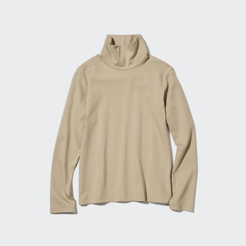 Dámské Topy Uniqlo Smooth Stretch Bavlněné Turtleneck Long Sleeved Béžový | ZMGIQBA-97