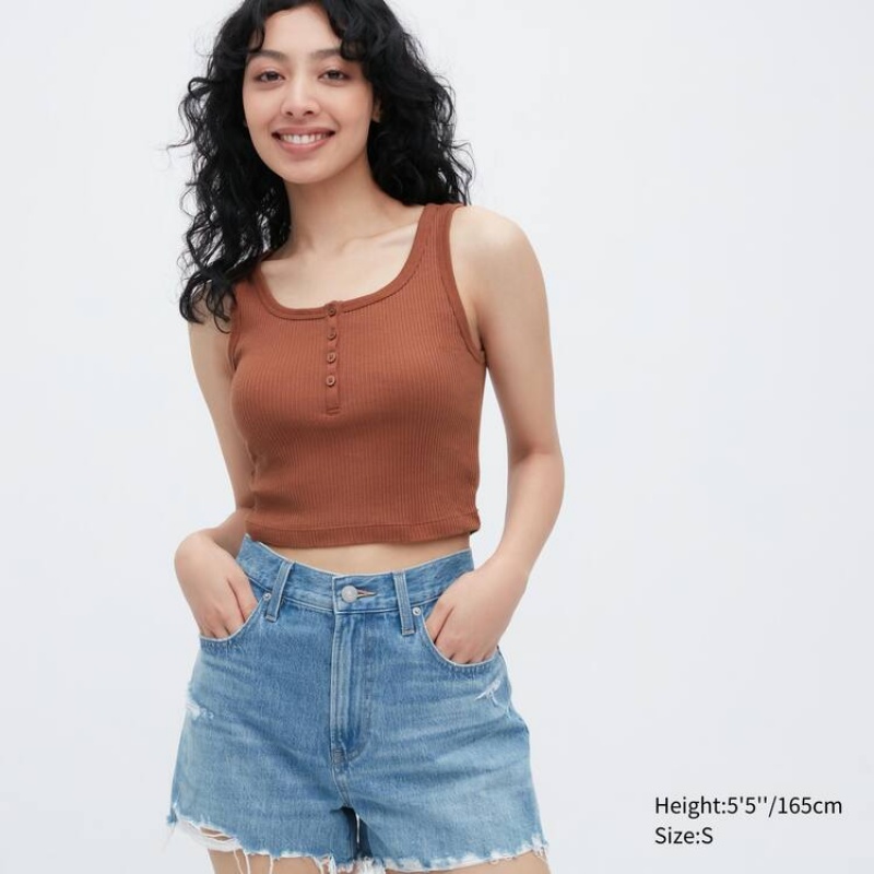 Dámské Topy Uniqlo Žebrovaný Henley Neck Cropped Hnědé | BAPYVXL-38