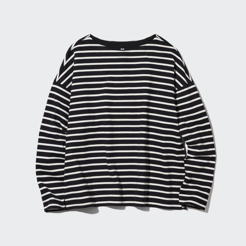 Dámské Tričko Uniqlo Pruhovaný Long Sleeved Černé | IHZWSVB-90