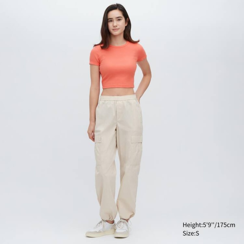 Dámské Tričko Uniqlo Žebrovaný Cropped Crew Neck Oranžové | FXQGTLO-29