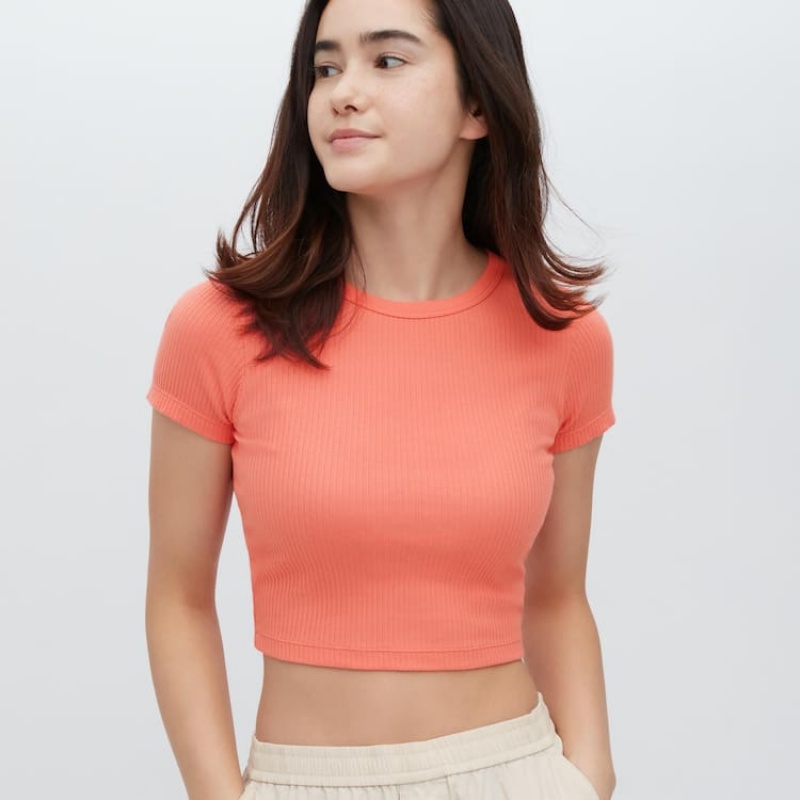 Dámské Tričko Uniqlo Žebrovaný Cropped Crew Neck Oranžové | FXQGTLO-29