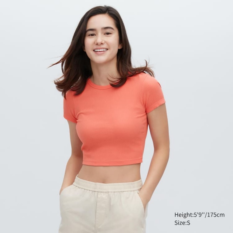 Dámské Tričko Uniqlo Žebrovaný Cropped Crew Neck Oranžové | FXQGTLO-29