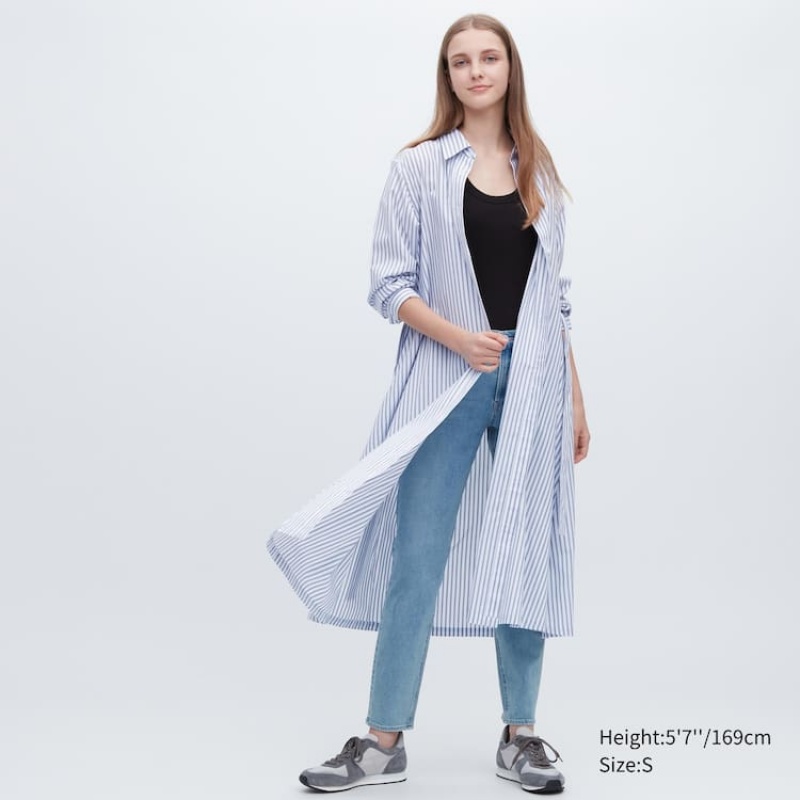 Dámské Šaty Uniqlo Bavlněné A-line Pruhovaný Long Sleeved Bílé | XQEHODZ-08