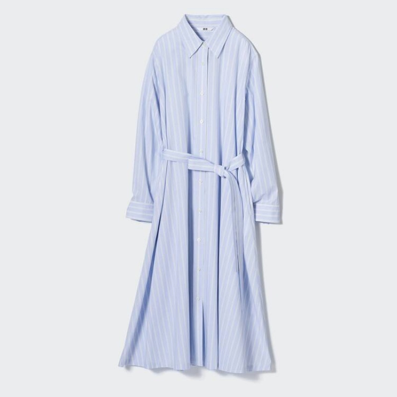 Dámské Šaty Uniqlo Bavlněné A-line Pruhovaný Long Sleeved Blankyt | UFZOPTN-46