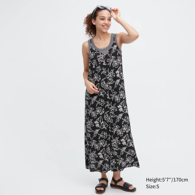 Dámské Šaty Uniqlo Button-down Flared Camisole Černé | EQDCXRF-39