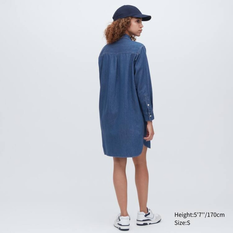 Dámské Šaty Uniqlo Denim Long Sleeved Blankyt | ZQAWCGX-74