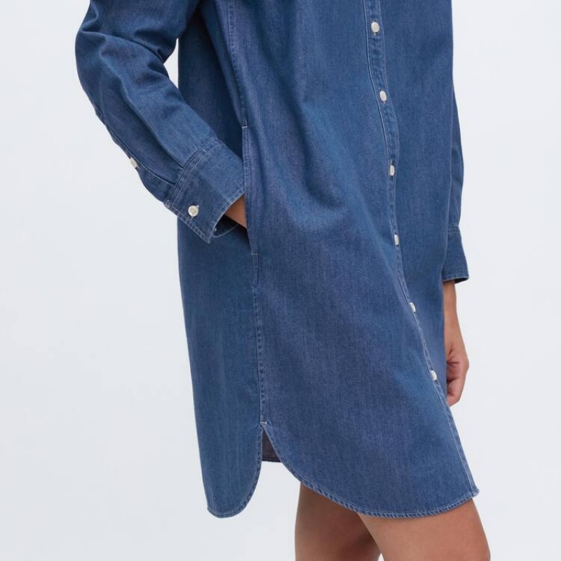 Dámské Šaty Uniqlo Denim Long Sleeved Blankyt | ZQAWCGX-74