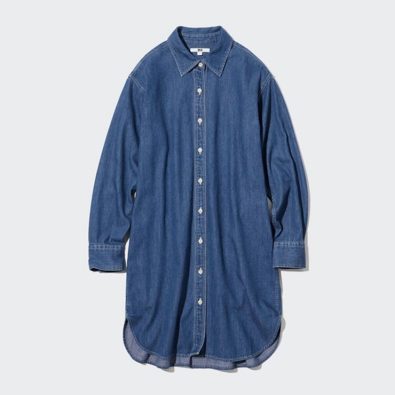 Dámské Šaty Uniqlo Denim Long Sleeved Blankyt | ZQAWCGX-74